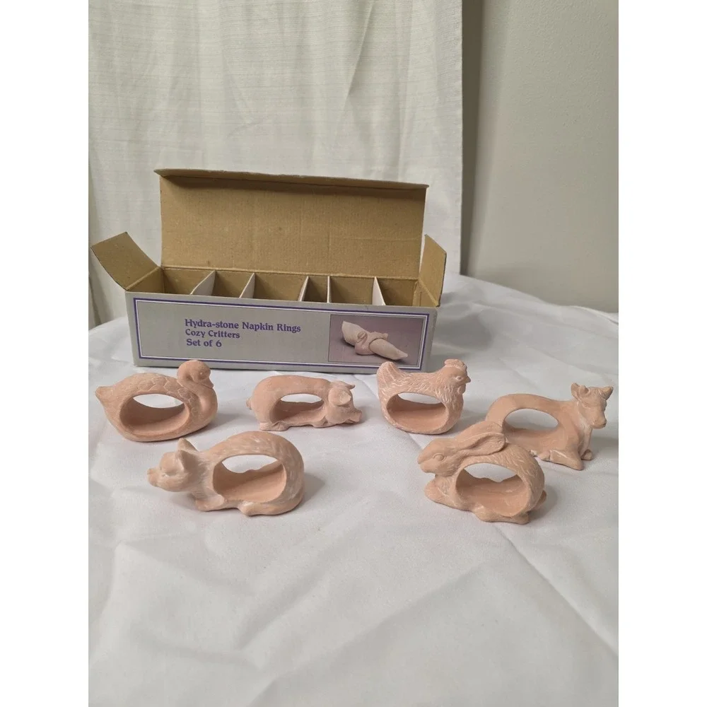 COZY CRITTERS HYDRA-STONE NAPKIN RINGS SET OF 6 TOYO KOREA ANIMALS PETS IN BOX